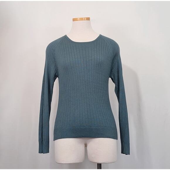 Vintage 90s Slate Teal Blue Sweater  Ribbed Knit Silk Misses Size L - Picture 1 of 6